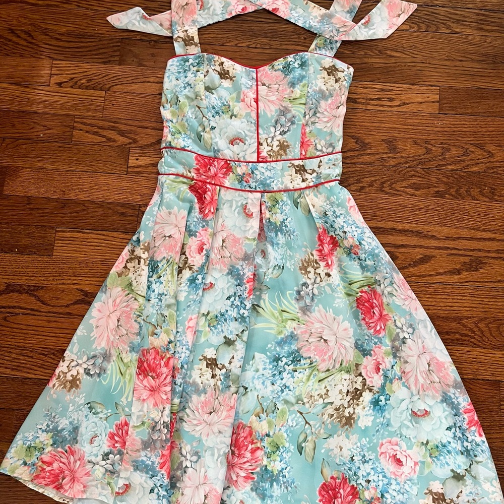 Pinup Rockabilly Halter Dress Blue with Floral Pattern Size Large